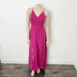 [Anrabess] Bright Pink Smocked V-Neck Double Slit Maxi Dress NWT Size Large L